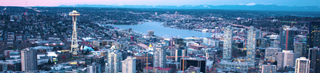 An aerial image of the Seattle skyline at dusk